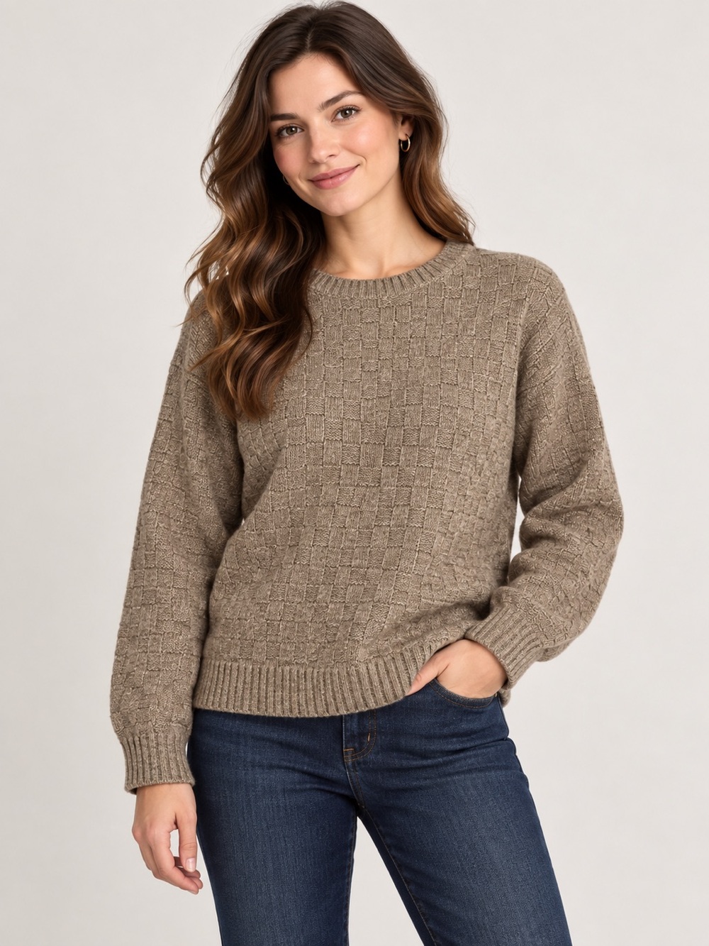 National Basketweave Knit Crewneck Sweater Taupe Size Large NEW